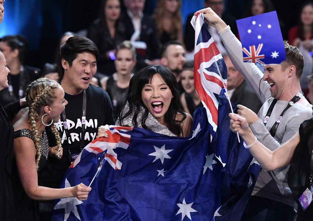 Australia's Dami Im, center, celebrates when learning that she advanced to the final during the second Eurovision Song Contest semifinal in Stockholm, Sweden. Australia's Dami Im, center, celebrates when learning that she advanced to the final during the second Eurovision Song Contest semifinal in Stockholm, Sweden.